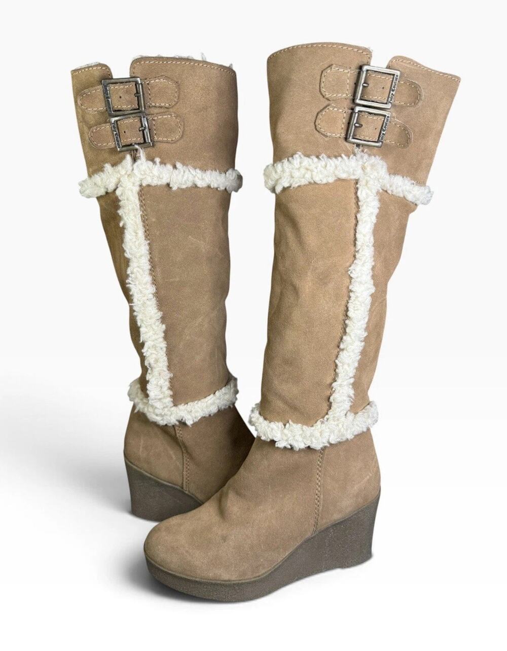 Juicy Couture Suede Shearling Boots 6 Tan Wedge Knee High Winter